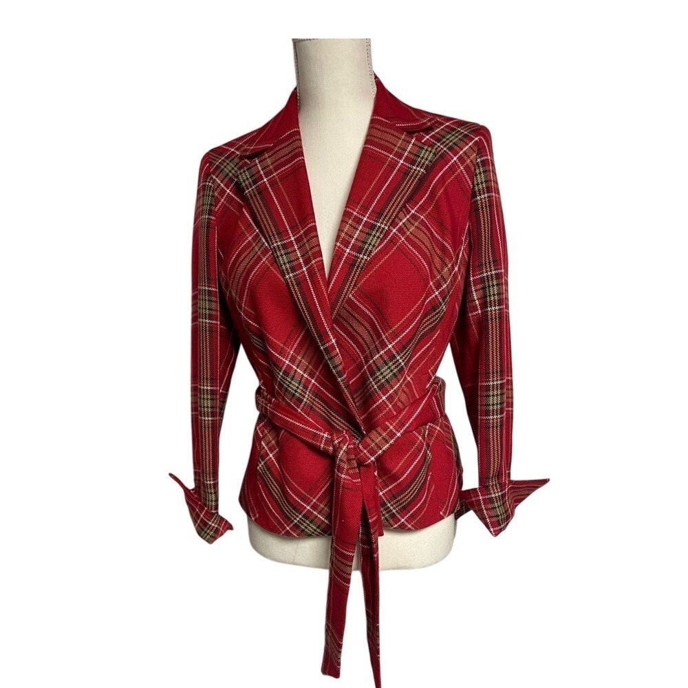 Evan Picone Red Plaid Tie Front Closure Blazer Womens 6 Petite